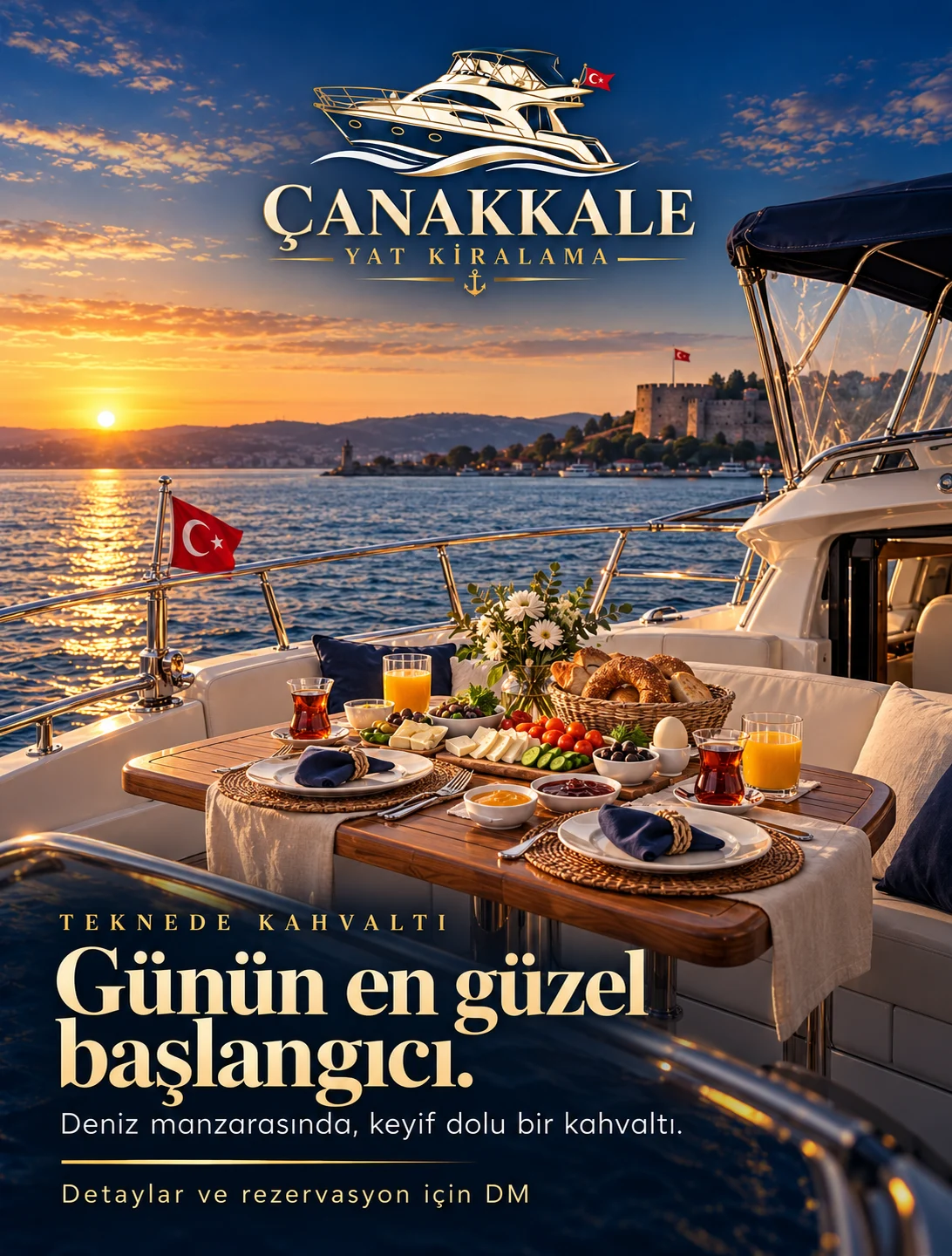 Teknede deniz manzaralı kahvaltı masası