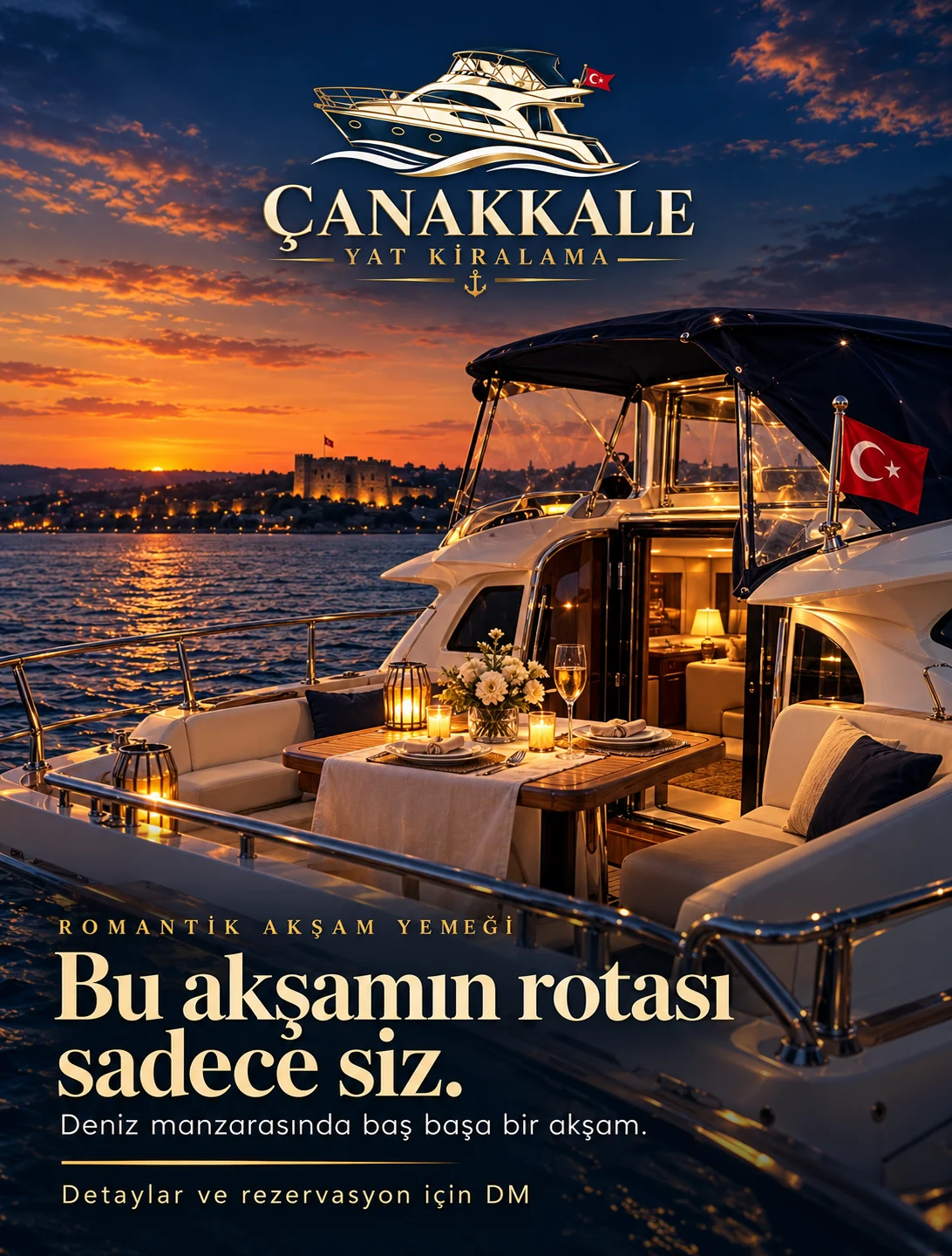 Yatın üzerinde mum ışığında romantik akşam yemeği